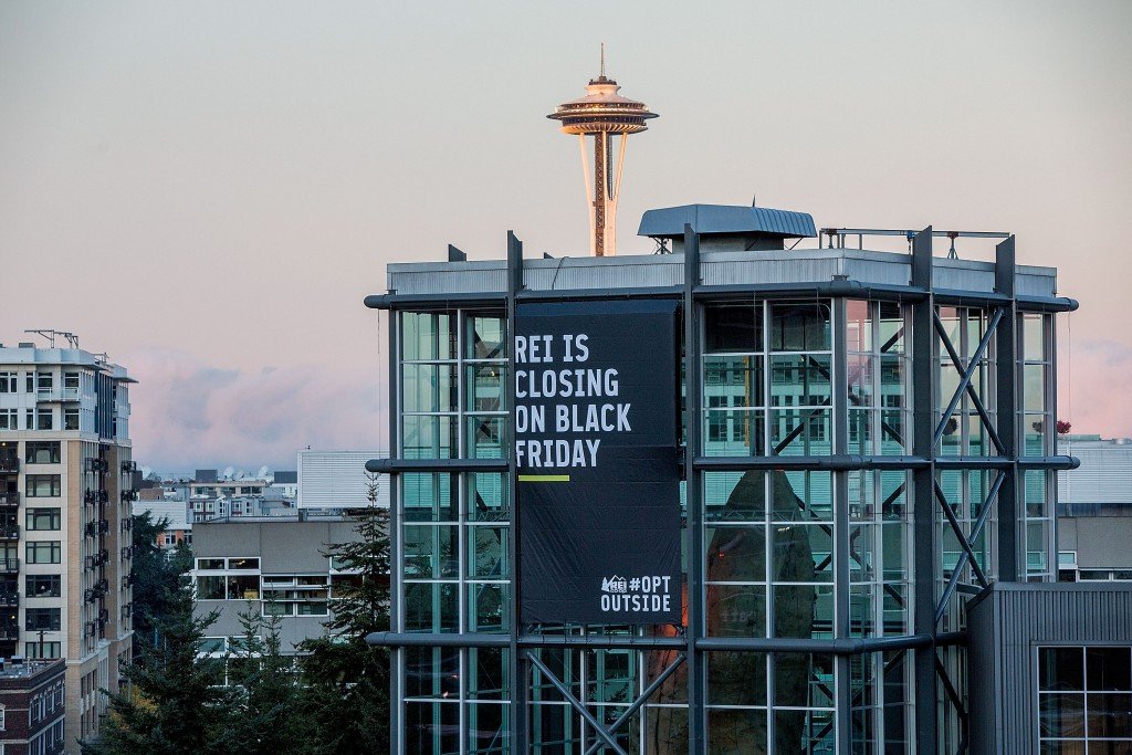 SEATTLE, WA - OCTOBER 27: Specialty Outdoor Retailer REI announces Black Friday closure at 143 stores nationwide with unveiling at Seattle flagship store as part of #OptOutside initiative on October 27, 2015 in Seattle, Washington. (Photo by Suzi Pratt/Getty Images for REI)