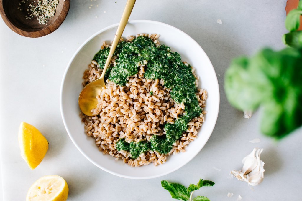 Toasted Grain Pesto Bowl with Kale & Feta Sonima